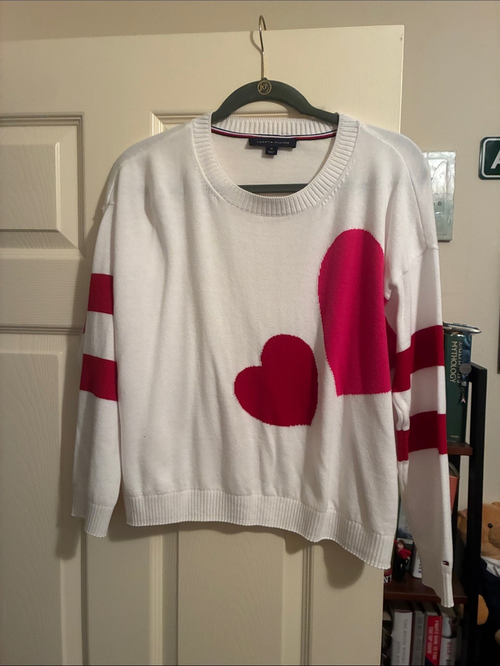 Tommy Hilfiger White Sweater with Pink Heart Motif Size M
